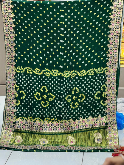 Gaji Silk Bandhani Saree with Real Gota Patti & Minakari Work | Premium Double Aari Handcrafted Saree
