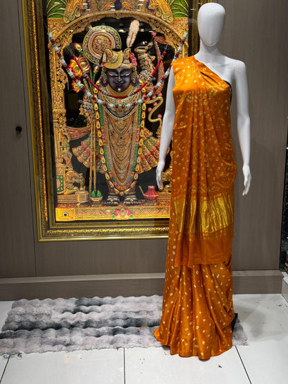 Pure Modal Silk Bandhej Saree with Gold Zari Pallu