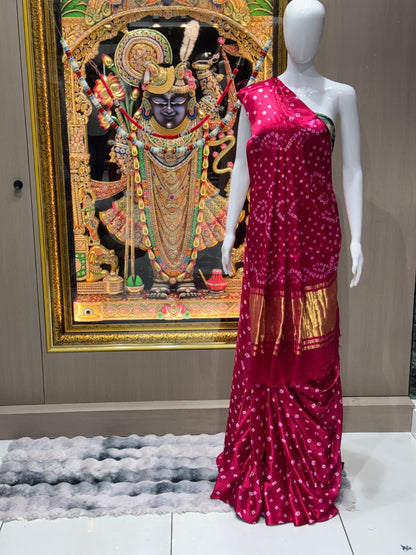 Pure Modal Silk Bandhej Saree with Gold Zari Pallu