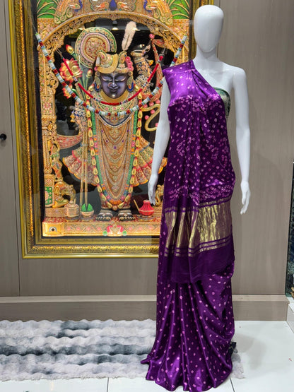 Pure Modal Silk Bandhej Saree with Gold Zari Pallu