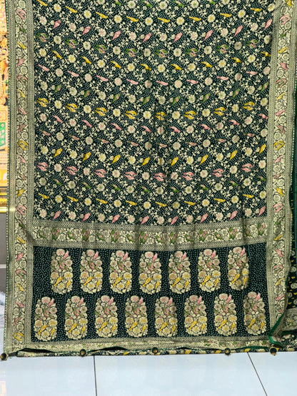 Pure Georgette Bandhani Saree with Meenakari Weaving & Zari Kasab Work | Traditional Chakli Design 💖
