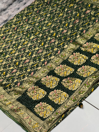 Pure Georgette Bandhani Saree with Meenakari Weaving & Zari Kasab Work | Traditional Chakli Design 💖