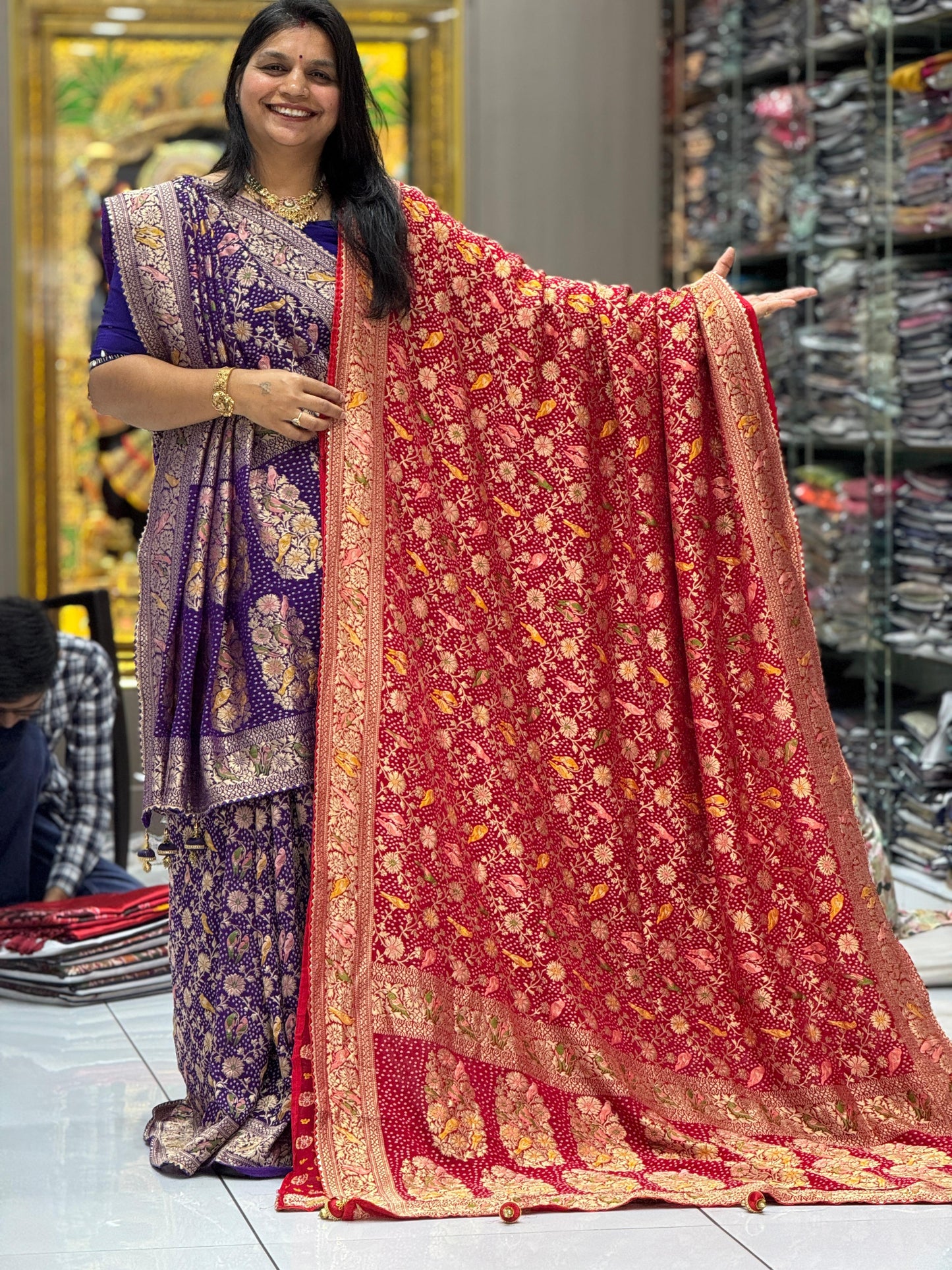 Pure Georgette Bandhani Saree with Meenakari Weaving & Zari Kasab Work | Traditional Chakli Design 💖