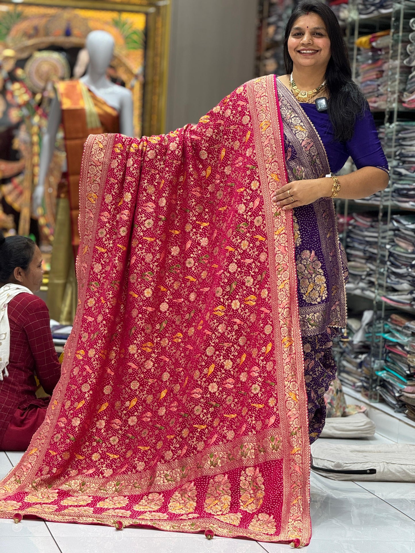 Pure Georgette Bandhani Saree with Meenakari Weaving & Zari Kasab Work | Traditional Chakli Design 💖
