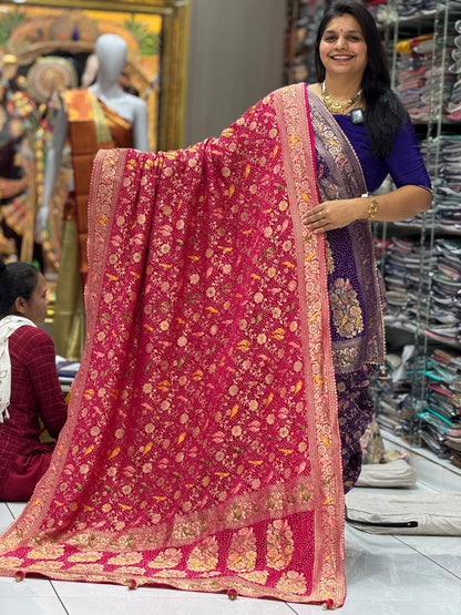 Pure Georgette Bandhani Saree with Meenakari Weaving & Zari Kasab Work | Traditional Chakli Design 💖