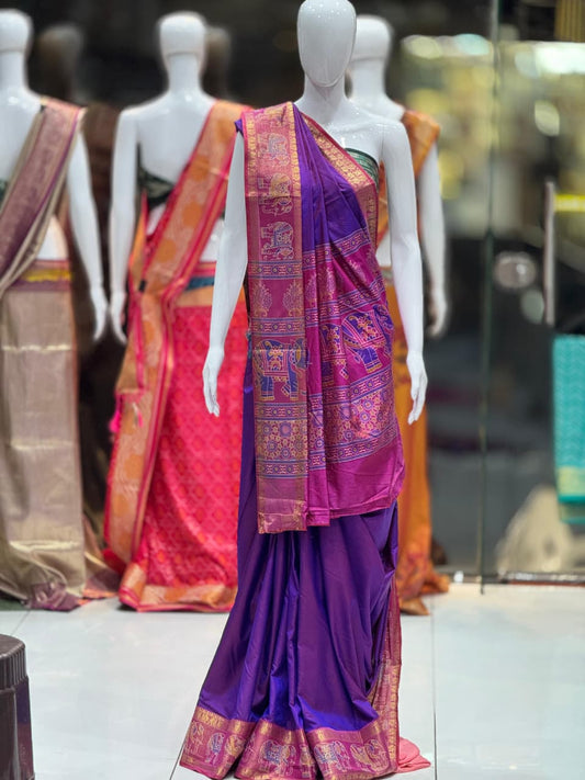 Vibrant Surti Patola Soft Cotton Silk Saree | Gala Border & Ajrakh Blouse Concept