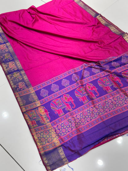 Vibrant Surti Patola Soft Cotton Silk Saree | Gala Border & Ajrakh Blouse Concept