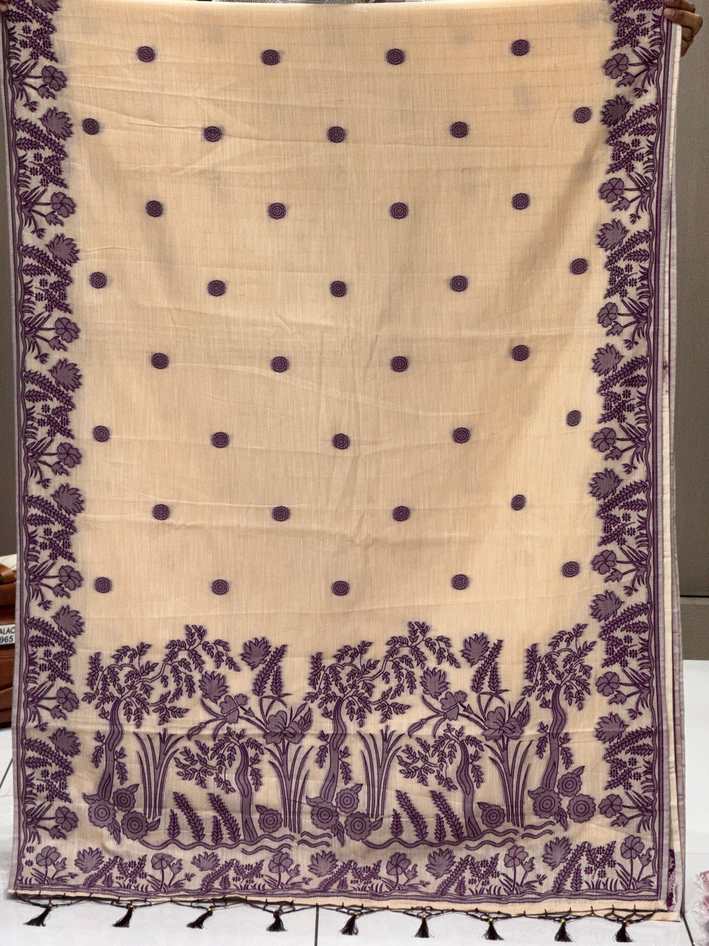 Premium Pure Linen Cotton Saree with Contrast Woven Floral Border & Tassels