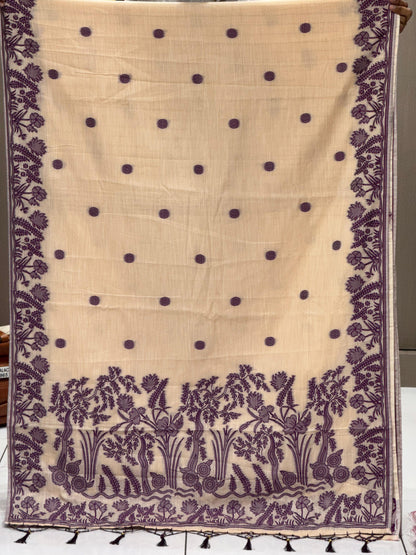 Premium Pure Linen Cotton Saree with Contrast Woven Floral Border & Tassels