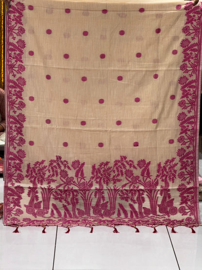 Premium Pure Linen Cotton Saree with Contrast Woven Floral Border & Tassels