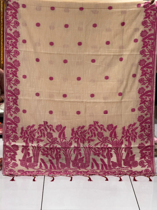 Premium Pure Linen Cotton Saree with Contrast Woven Floral Border & Tassels