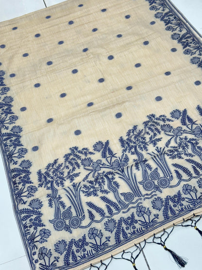 Premium Pure Linen Cotton Saree with Contrast Woven Floral Border & Tassels
