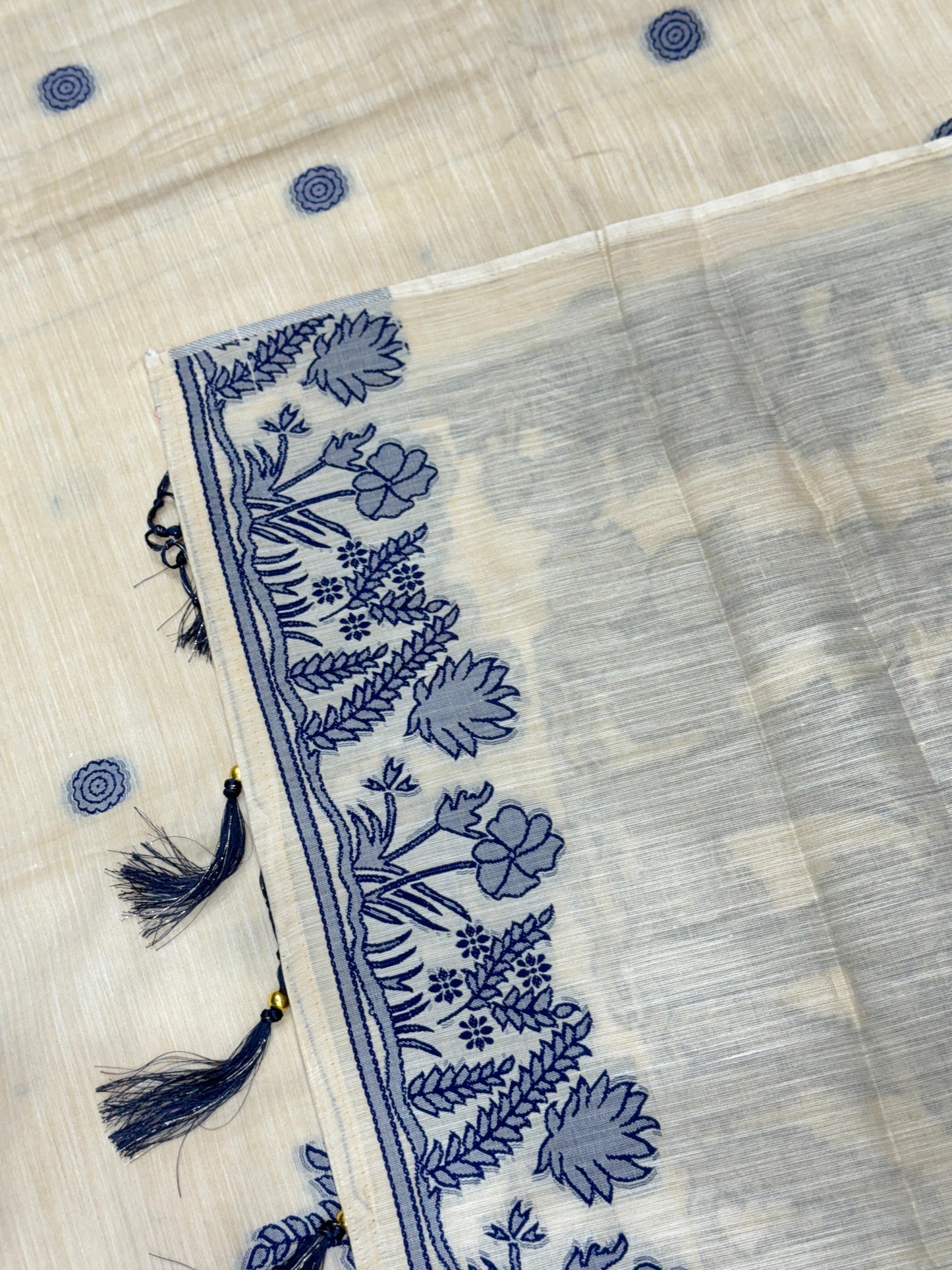 Premium Pure Linen Cotton Saree with Contrast Woven Floral Border & Tassels