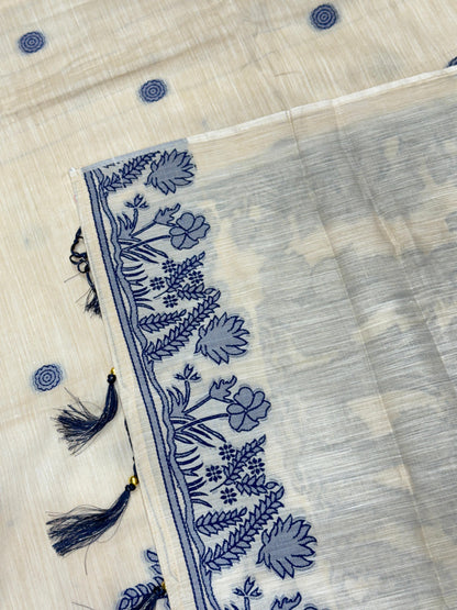 Premium Pure Linen Cotton Saree with Contrast Woven Floral Border & Tassels