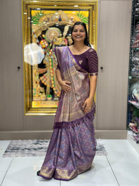 Premium Tanchoy Silk Weaving Saree – Onion Purple Single Color | Luxury Festive Collection