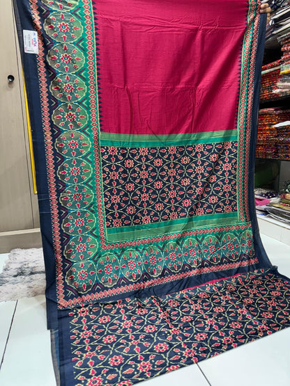 Vipul Premium Patola Print Soft Muga Silk Saree with Contrast Border