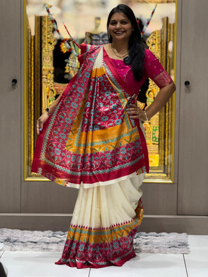 Vipul Premium Patola Print Soft Muga Silk Saree with Contrast Border
