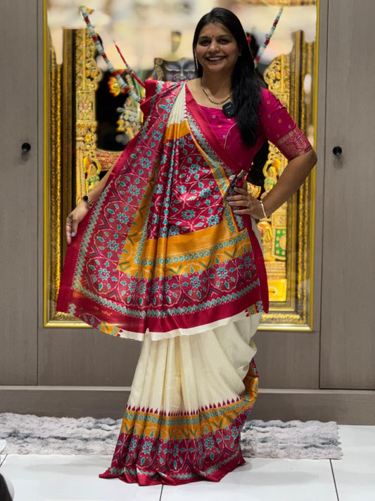 Vipul Premium Patola Print Soft Muga Silk Saree with Contrast Border