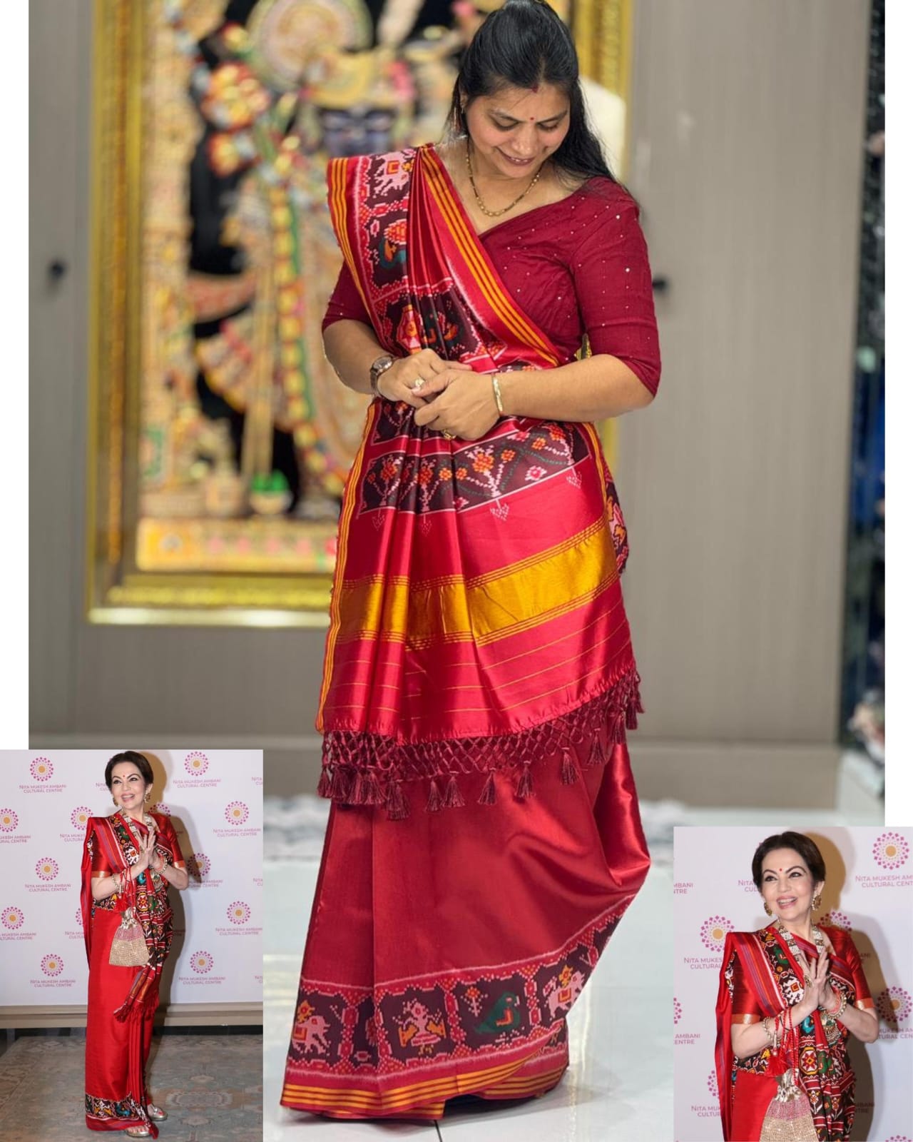 Premium Bhagalpuri Silk Figure Patola Saree Redis Marron – Nita Ambani Inspired Designer Drape