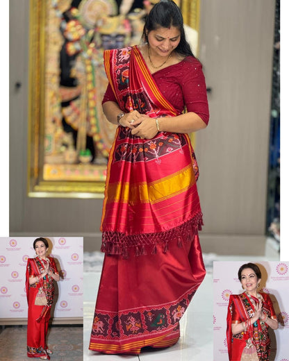 Premium Bhagalpuri Silk Figure Patola Saree Redis Marron – Nita Ambani Inspired Designer Drape