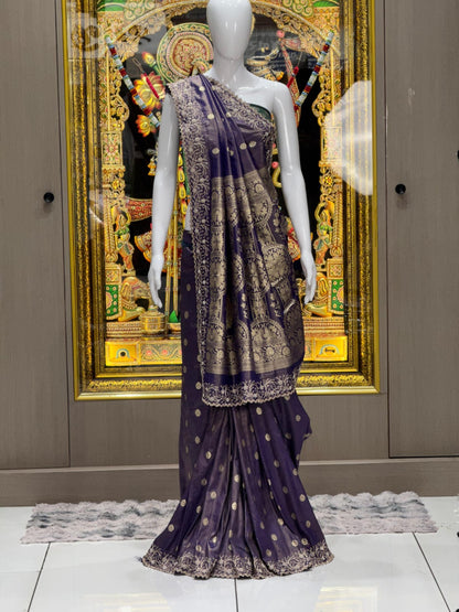 Premium Luminous Tissue Silk Saree with Zari Pallu & Pearl (Moti) Cutwork Border