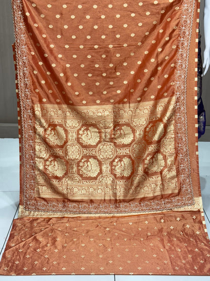 Premium Luminous Tissue Silk Saree with Zari Pallu & Pearl (Moti) Cutwork Border
