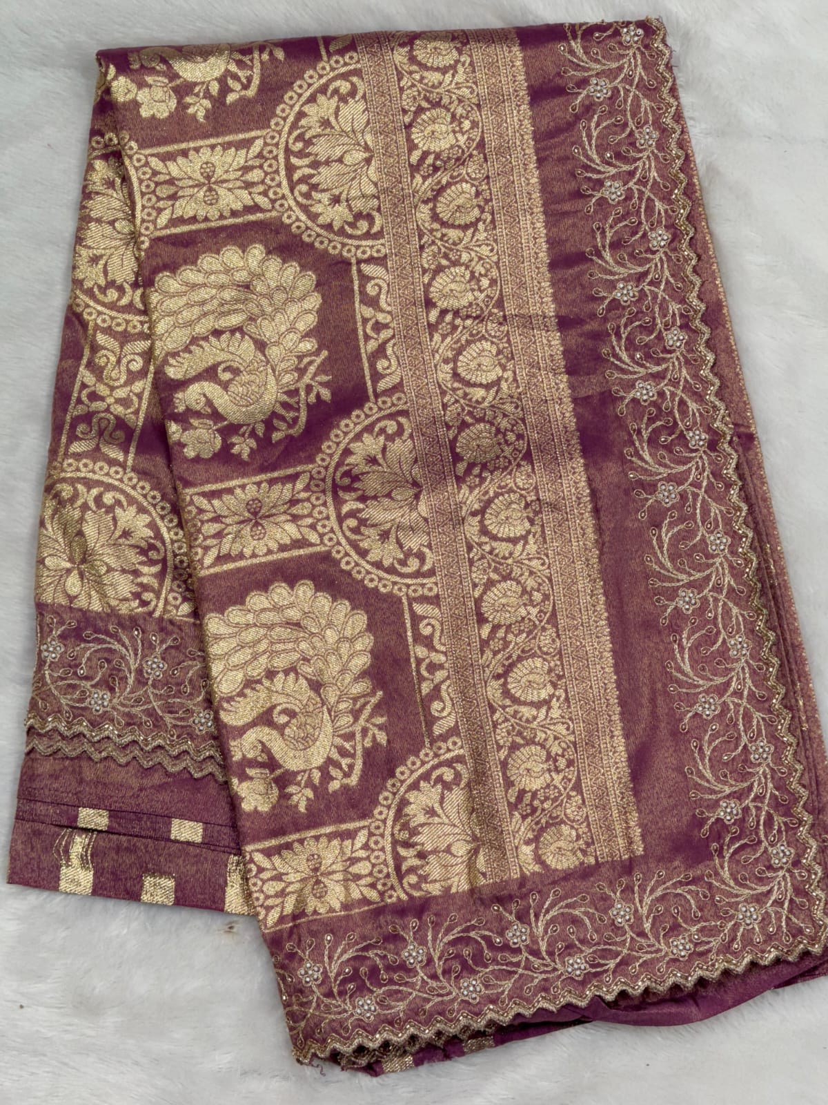 Premium Luminous Tissue Silk Saree with Zari Pallu & Pearl (Moti) Cutwork Border