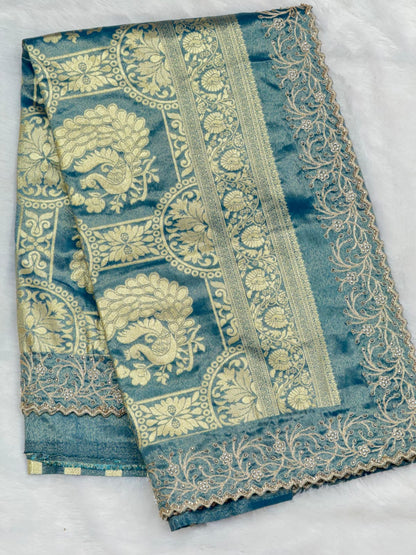 Premium Luminous Tissue Silk Saree with Zari Pallu & Pearl (Moti) Cutwork Border