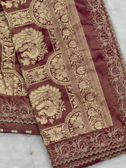Premium Luminous Tissue Silk Saree with Zari Pallu & Pearl (Moti) Cutwork Border