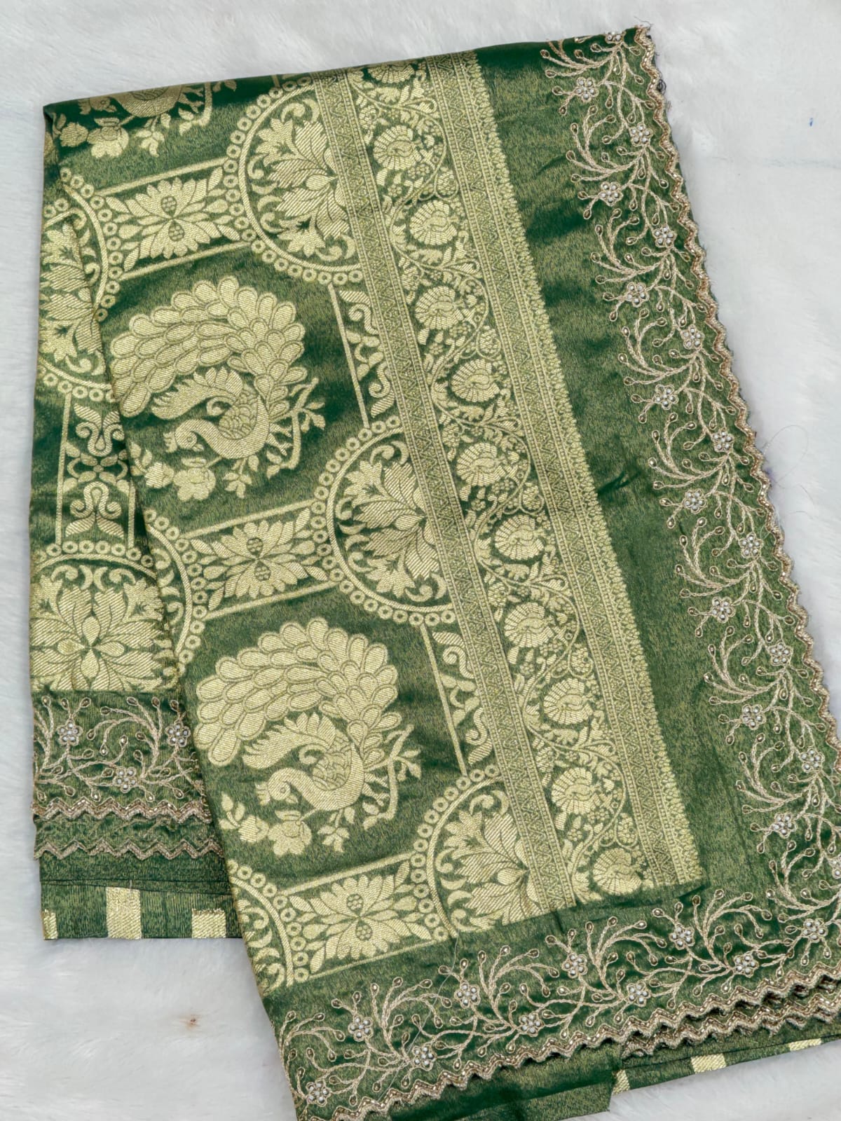 Premium Luminous Tissue Silk Saree with Zari Pallu & Pearl (Moti) Cutwork Border