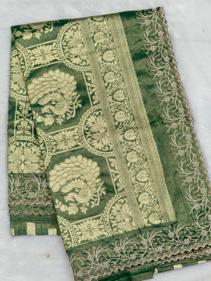 Premium Luminous Tissue Silk Saree with Zari Pallu & Pearl (Moti) Cutwork Border