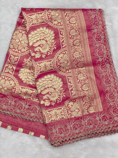 Premium Luminous Tissue Silk Saree with Zari Pallu & Pearl (Moti) Cutwork Border