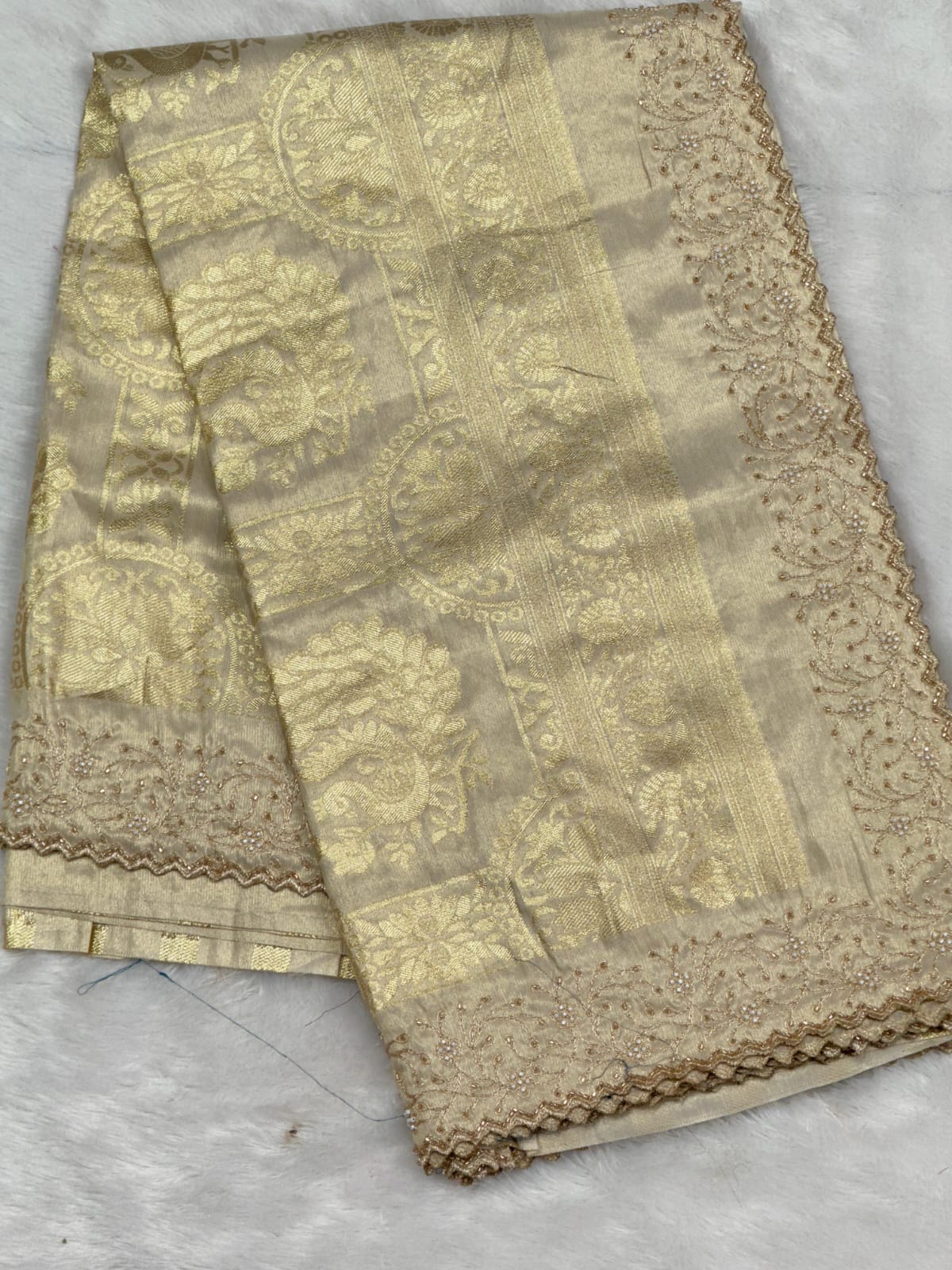 Premium Luminous Tissue Silk Saree with Zari Pallu & Pearl (Moti) Cutwork Border