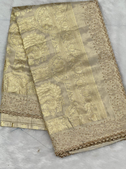Premium Luminous Tissue Silk Saree with Zari Pallu & Pearl (Moti) Cutwork Border