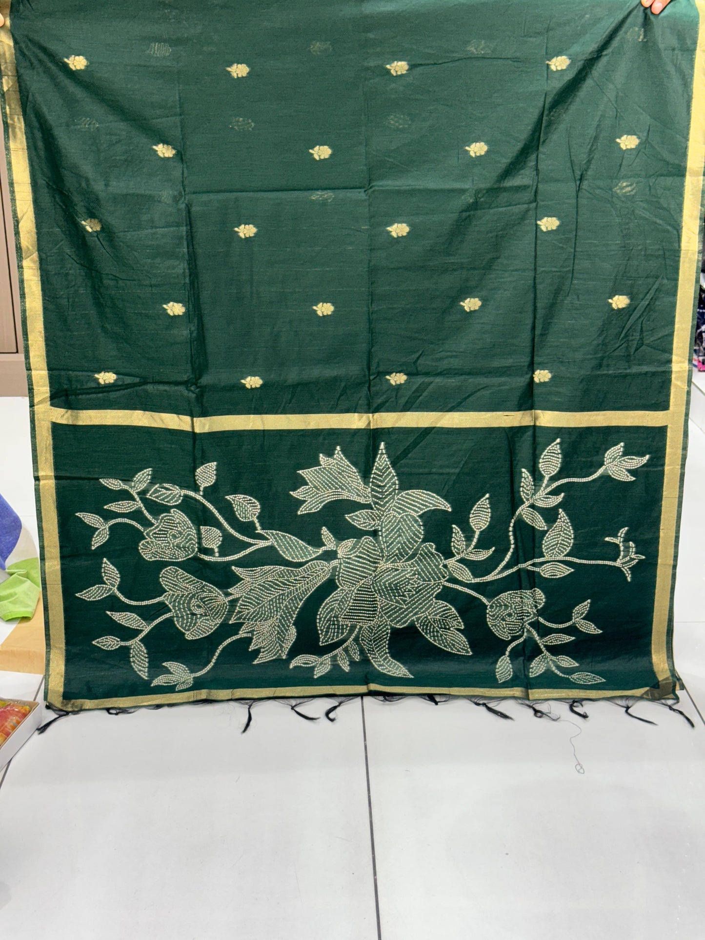 Premium Pure Jamdani Cotton Saree with Banarasi Zari Butti & Designer Pallu
