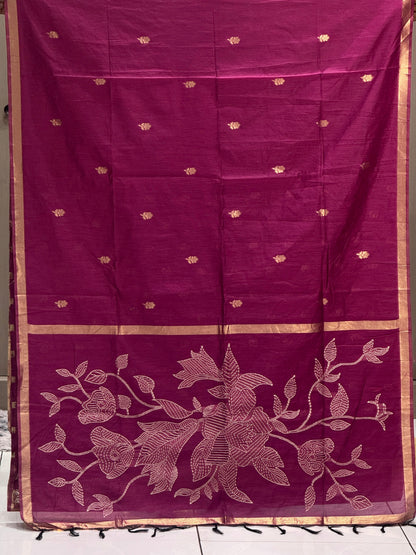 Premium Pure Jamdani Cotton Saree with Banarasi Zari Butti & Designer Pallu