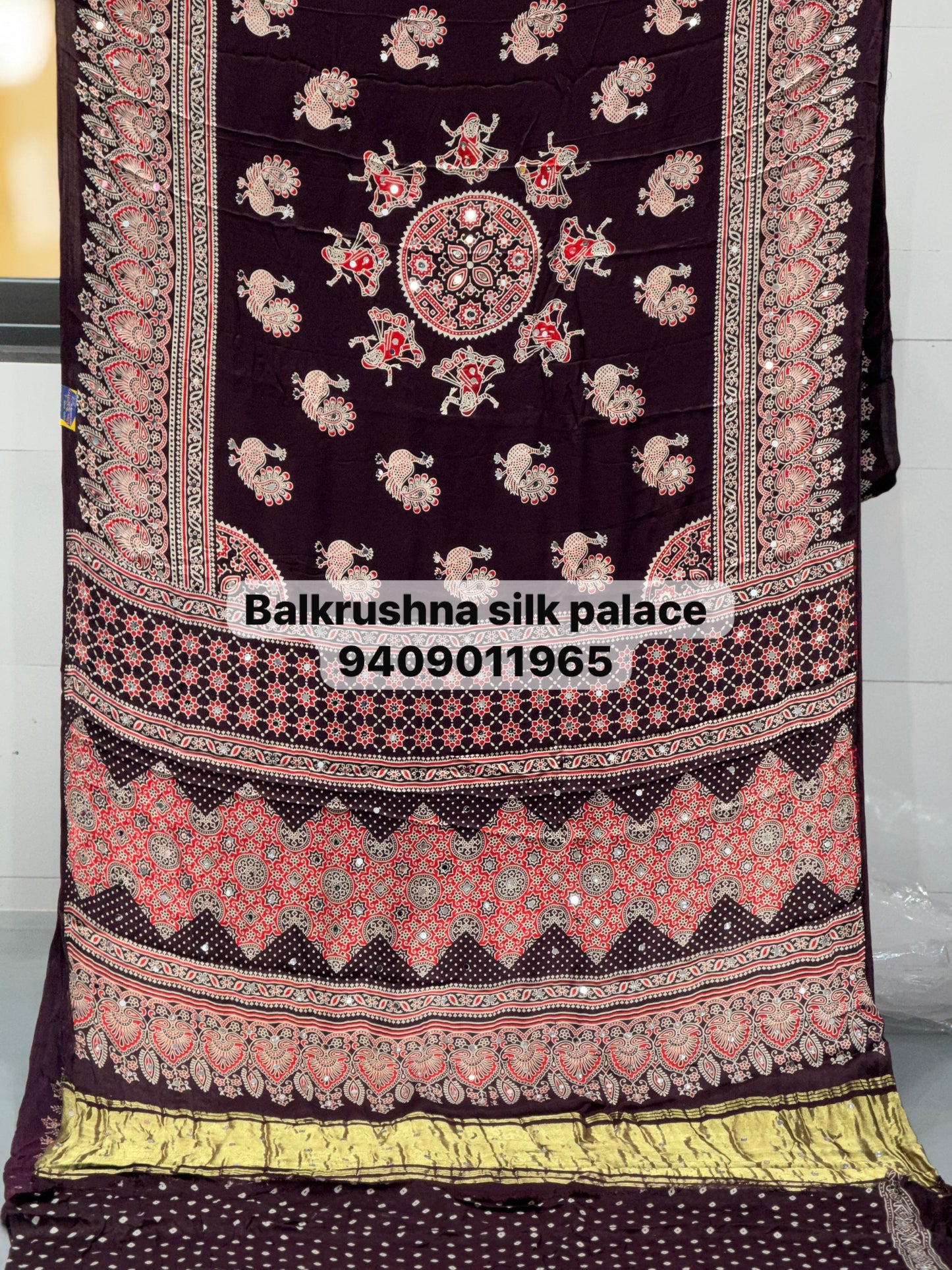 Premium Peacock Motif Ajrakh Hand Block Modal Silk Saree with Real Mirror Work