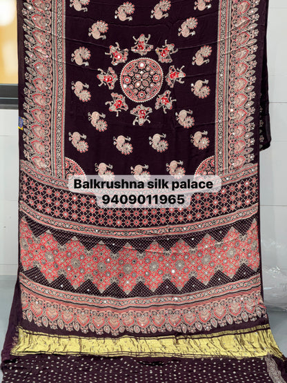 Premium Peacock Motif Ajrakh Hand Block Modal Silk Saree with Real Mirror Work