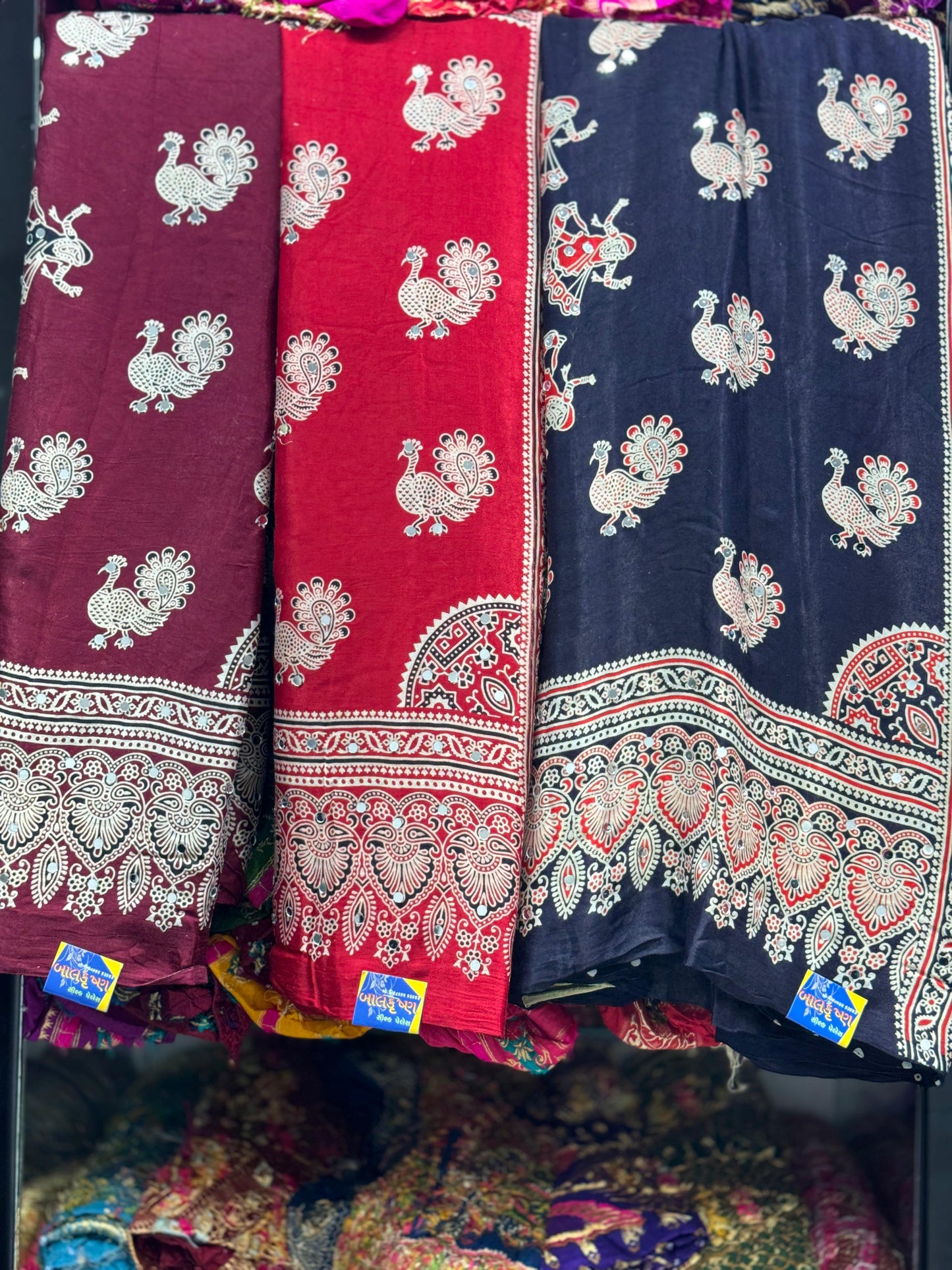 Premium Peacock Motif Ajrakh Hand Block Modal Silk Saree with Real Mirror Work