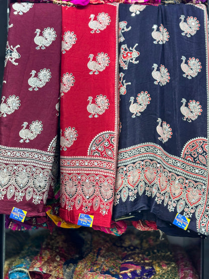 Premium Peacock Motif Ajrakh Hand Block Modal Silk Saree with Real Mirror Work