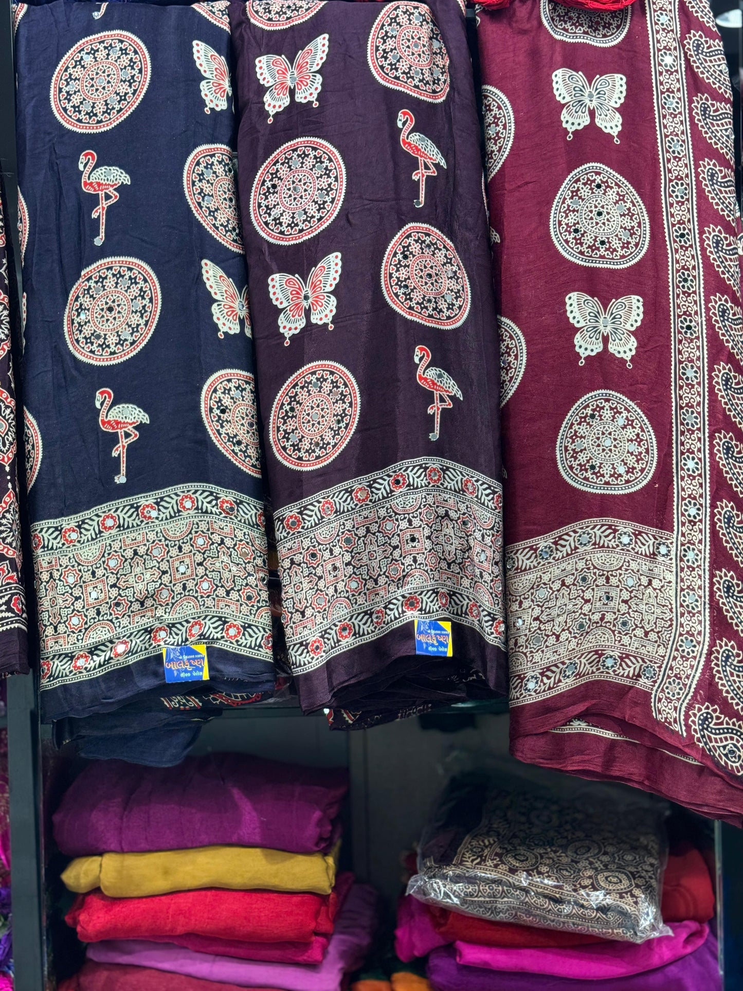 Premium Ajrakh Hand Block Saree – Butterfly & Flamingo Print with Real Mirror Work