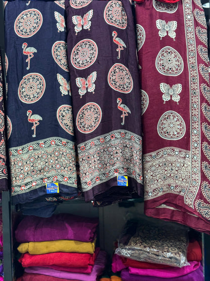 Premium Ajrakh Hand Block Saree – Butterfly & Flamingo Print with Real Mirror Work