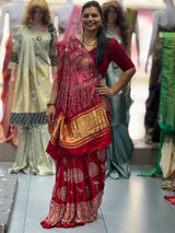 Premium Ajrakh Hand Block Saree – Butterfly & Flamingo Print with Real Mirror Work