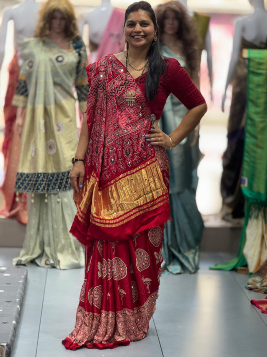 Premium Ajrakh Hand Block Saree – Butterfly & Flamingo Print with Real Mirror Work