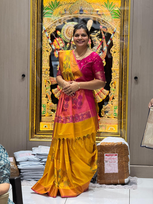Premium Pochampally Cotton Silk Saree – Vibrant Yellow with Contrast Pink Pallu