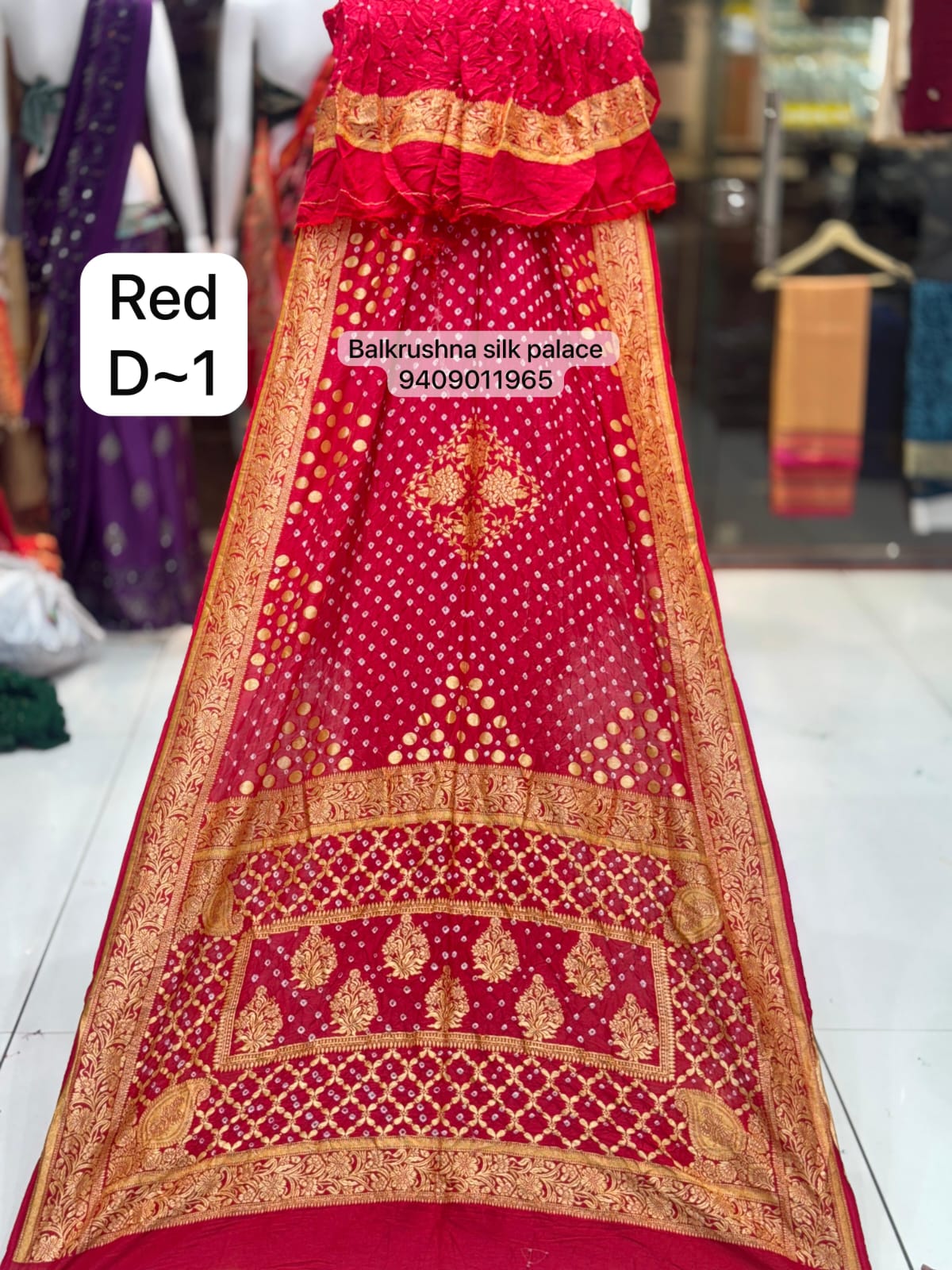 Red Luxury Hand-Tied Bandhej Silk Saree with Traditional Jangla Design D1