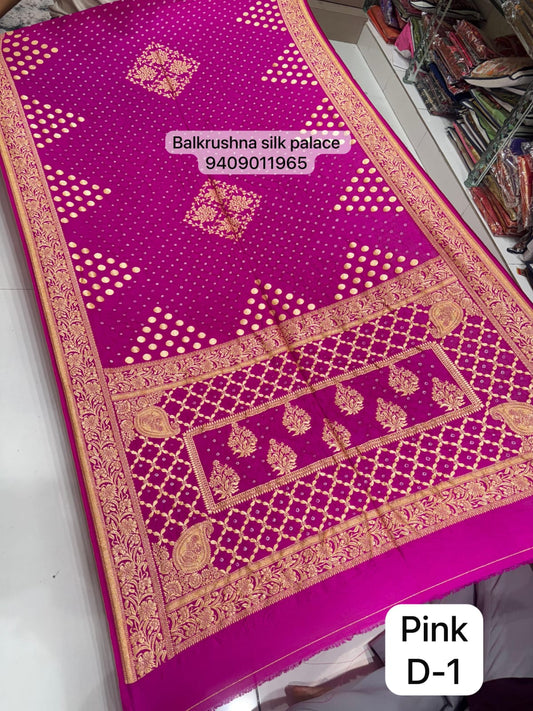 Pink Luxury Hand-Tied Bandhej Silk Saree with Traditional Jangla Design D1