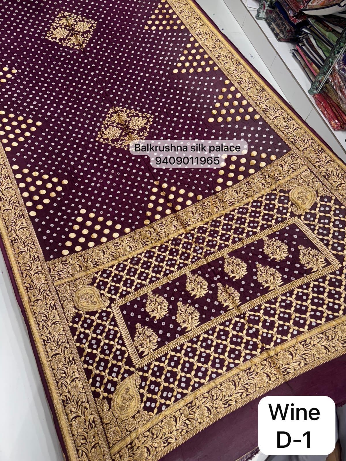 Bit Wine Luxury Hand-Tied Bandhej Silk Saree with Traditional Jangla Design D1