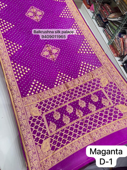 Magenta Luxury Hand-Tied Bandhej Silk Saree with Traditional Jangla Design D1
