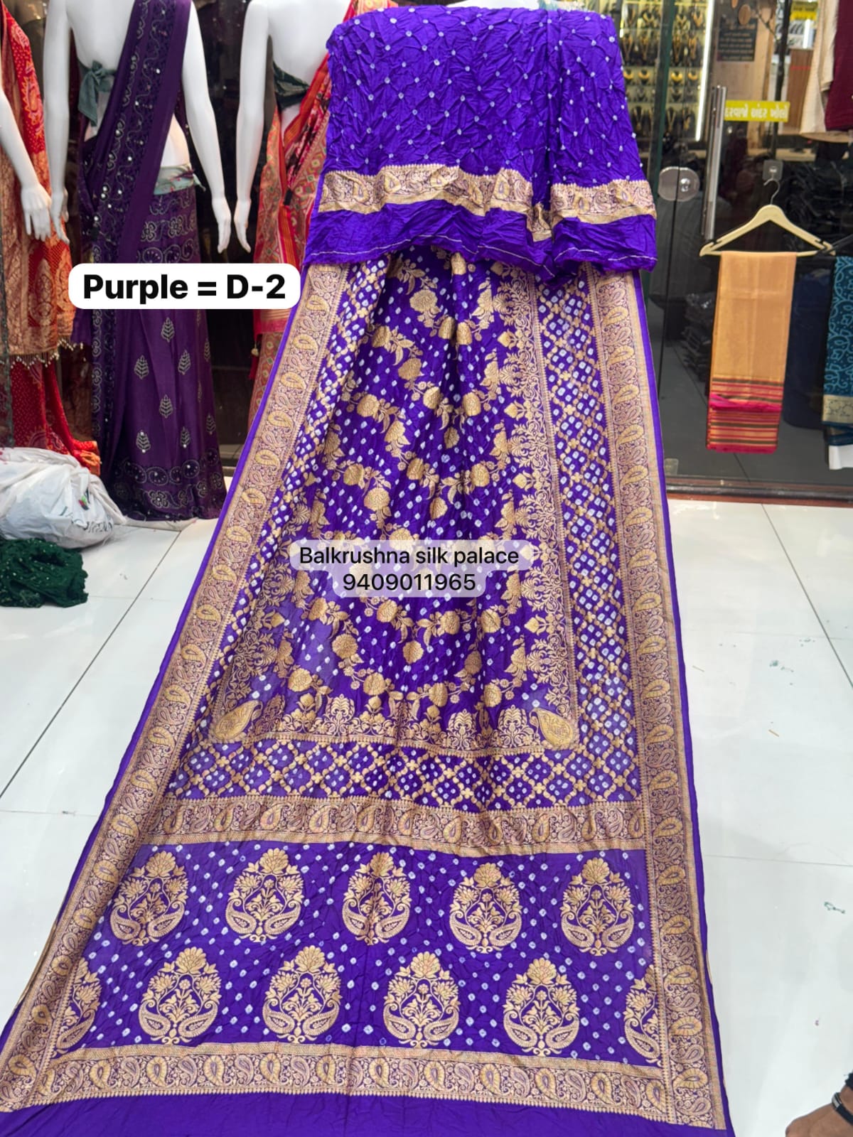 Purple Original Hand-Tied Bandhej Silk Saree with Traditional Neem Zari Border D2